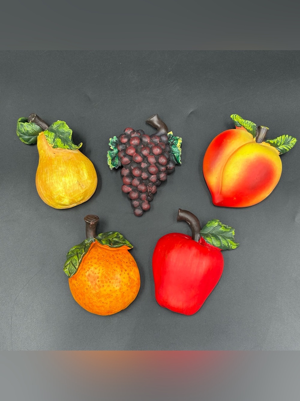 Vintage Chalkware Fruit Wall Plaques Set 5 Pear Apple Peach Orange Grapes